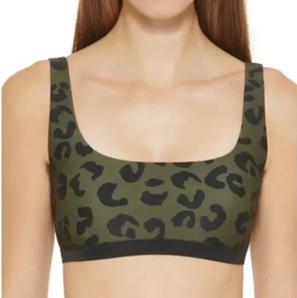 DKNY Green Leopard Square Neck Bikini Swim Top, NWT, Small